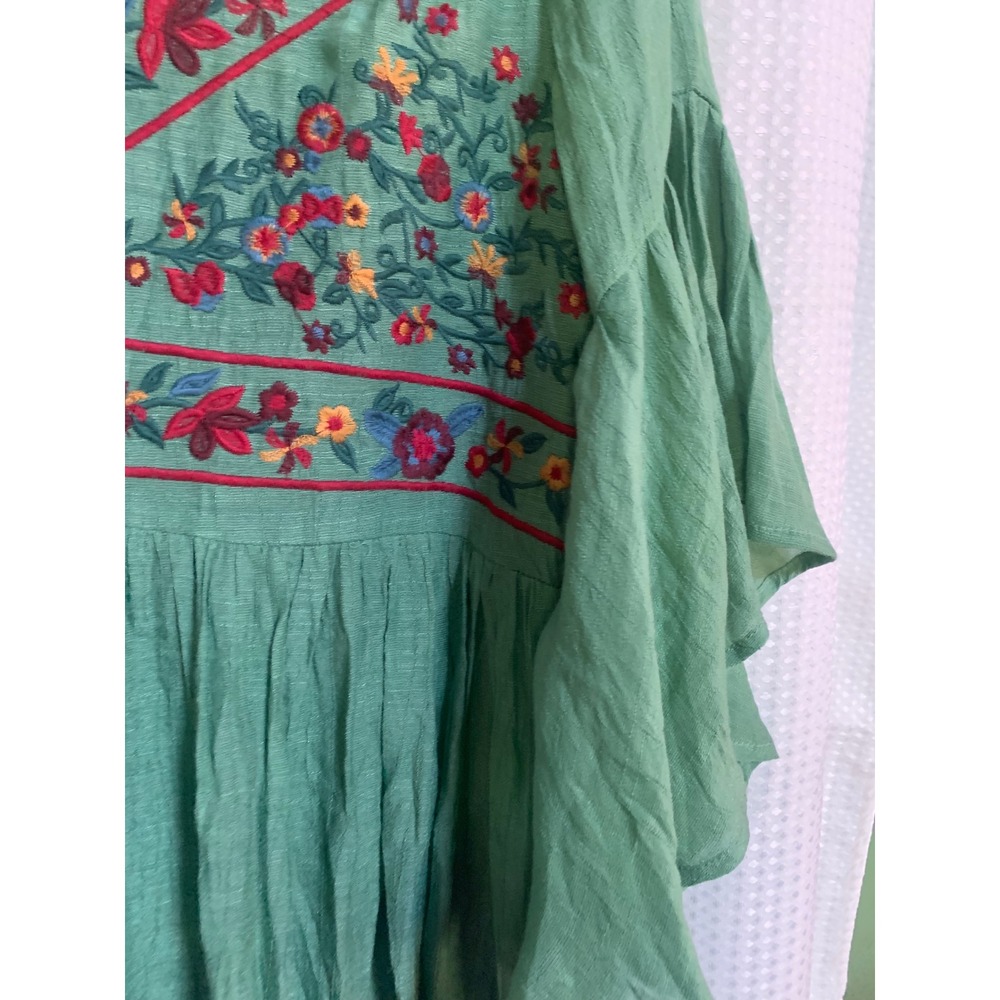 Umgee USA Green Floral Embroidered Boho Tunic Top Ruffle Bell Sleeve Medium - Picture 8 of 8